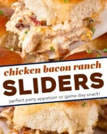 These baked chicken bacon ranch sliders are made with soft slider buns, shredded chicken tossed in a savory ranch sauce with sharp cheese and crispy bacon, then topped with a garlic butter sauce! They’re the perfect appetizer for game day or any party, and will feed a crowd!