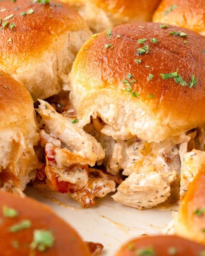 chicken bacon ranch sliders in baking pan.