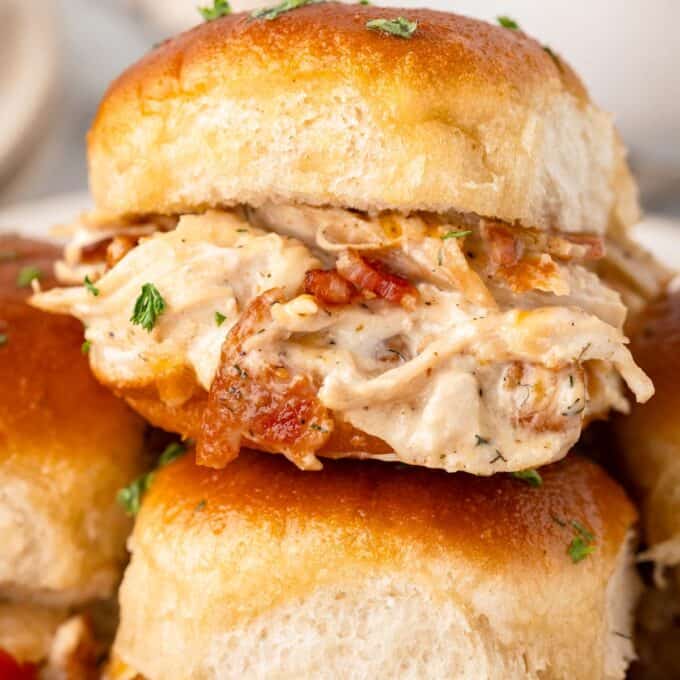 gooey chicken bacon ranch slider up close.