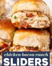 These baked chicken bacon ranch sliders are made with soft slider buns, shredded chicken tossed in a savory ranch sauce with sharp cheese and crispy bacon, then topped with a garlic butter sauce! They’re the perfect appetizer for game day or any party, and will feed a crowd!