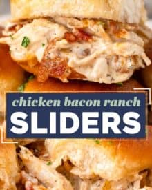 These baked chicken bacon ranch sliders are made with soft slider buns, shredded chicken tossed in a savory ranch sauce with sharp cheese and crispy bacon, then topped with a garlic butter sauce! They’re the perfect appetizer for game day or any party, and will feed a crowd!