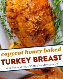 Save yourself some money during the holidays by making a Honey Baked Turkey Breast at home!  Moist turkey is cooked with butter and honey, then slathered with a sticky sweet and smoky glaze that’s broiled until it becomes a gloriously sugary crust!