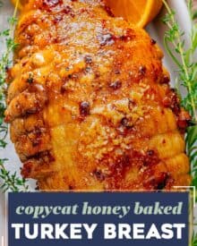 Save yourself some money during the holidays by making a Honey Baked Turkey Breast at home!  Moist turkey is cooked with butter and honey, then slathered with a sticky sweet and smoky glaze that’s broiled until it becomes a gloriously sugary crust!