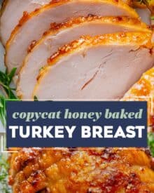 Save yourself some money during the holidays by making a Honey Baked Turkey Breast at home!  Moist turkey is cooked with butter and honey, then slathered with a sticky sweet and smoky glaze that’s broiled until it becomes a gloriously sugary crust!