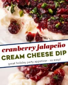 Whipped slightly sweetened cream cheese topped with a sweet, tart, and spicy cranberry jalapeño mixture. The red and green colors are perfect for the holidays, and this recipe uses dried cranberries to make this easy to make year-round. This is a dip that people go crazy over!