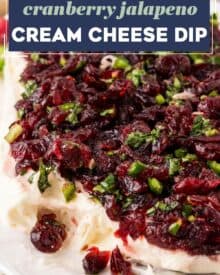 Whipped slightly sweetened cream cheese topped with a sweet, tart, and spicy cranberry jalapeño mixture. The red and green colors are perfect for the holidays, and this recipe uses dried cranberries to make this easy to make year-round. This is a dip that people go crazy over!