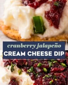 Whipped slightly sweetened cream cheese topped with a sweet, tart, and spicy cranberry jalapeño mixture. The red and green colors are perfect for the holidays, and this recipe uses dried cranberries to make this easy to make year-round. This is a dip that people go crazy over!