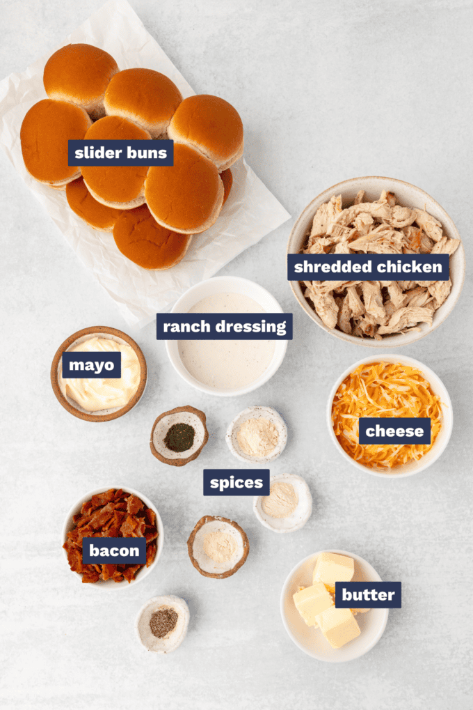 ingredients needed to make chicken bacon ranch sliders.