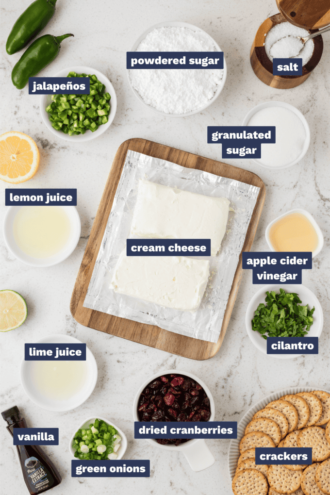 ingredients needed to make cranberry jalapeno cream cheese dip.