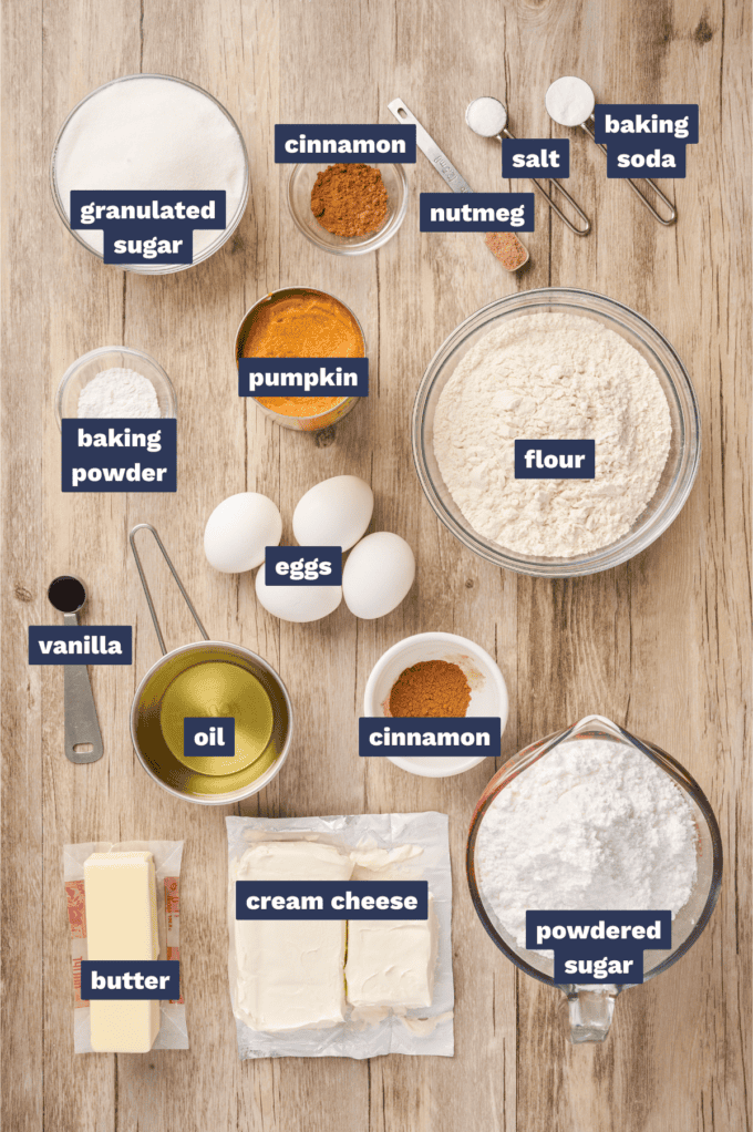 ingredients needed to make pumpkin bars with cinnamon cream cheese frosting.