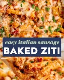 This baked ziti recipe is loaded with sausage and cheesy deliciousness! Perfect as a freezer meal or a big family dinner, this baked pasta dish is made with al dente pasta, a marinara meat sauce, and plenty of mozzarella and pecorino romano cheese!