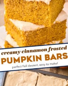 These soft and moist spiced pumpkin bars are smothered with a layer of cinnamon cream cheese frosting that's irresistible! They’re the perfect Fall baking treat!