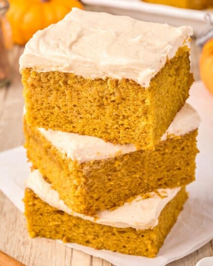 These soft and moist spiced pumpkin bars are smothered with a layer of cinnamon cream cheese frosting that's irresistible! They’re the perfect Fall baking treat!