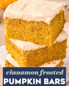 These soft and moist spiced pumpkin bars are smothered with a layer of cinnamon cream cheese frosting that's irresistible! They’re the perfect Fall baking treat!