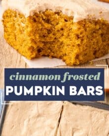 These soft and moist spiced pumpkin bars are smothered with a layer of cinnamon cream cheese frosting that's irresistible! They’re the perfect Fall baking treat!