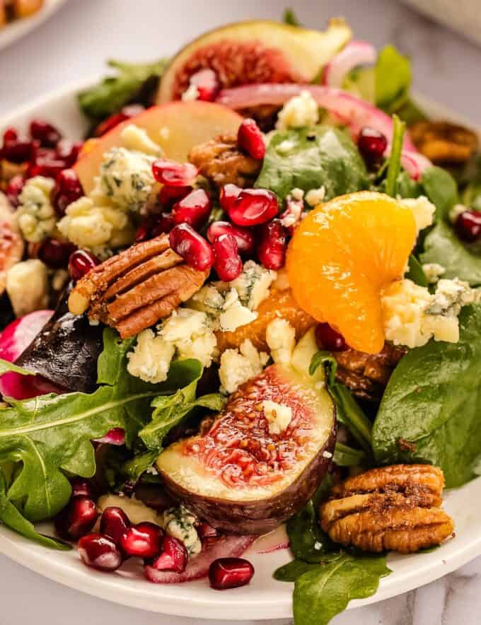 This autumn harvest salad uses plenty of in-season produce, and is great as a side or even a light dinner! The light apple cider orange vinaigrette perfectly elevates the flavors of sharp blue cheese, crisp apples, sweet figs, pickled red onion, candied pecans and more.