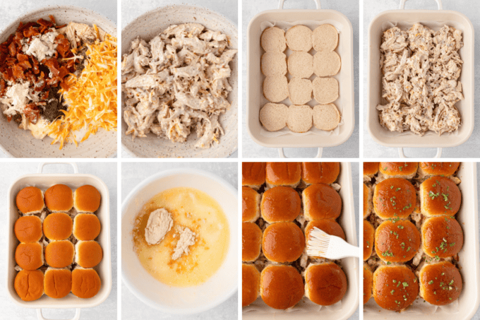 step by step photo collage of how to make chicken bacon ranch sliders.