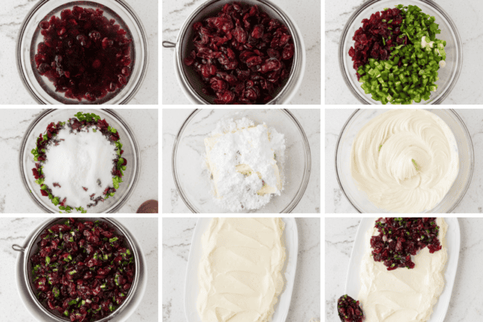 step by step photo collage of how to make cranberry jalapeno cream cheese dip.