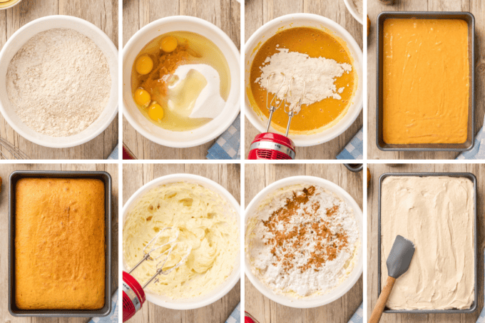 step by step photo collage of how to make pumpkin bars with creamy cinnamon frosting.