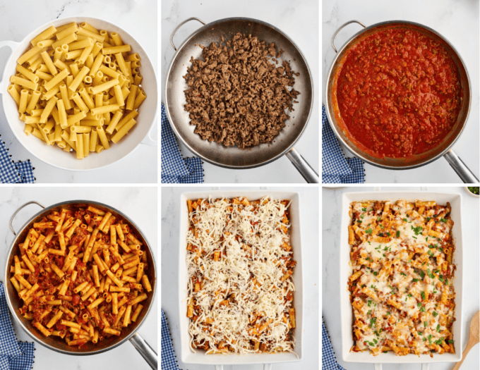 step by step photo collage of how to make sausage baked ziti