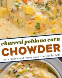 This poblano corn chowder is ultra creamy, hearty, and rich, with a subtle smokiness from the charred poblano peppers. Made easily on the stovetop, with no fancy equipment, it’s perfect for game day, tailgating, or a comforting night in.