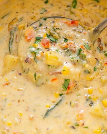 This poblano corn chowder is ultra creamy, hearty, and rich, with a subtle smokiness from the charred poblano peppers. Made easily on the stovetop, with no fancy equipment, it’s perfect for game day, tailgating, or a comforting night in.