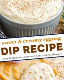 This creamy 5 ingredient eggnog dip is perfect for any holiday gathering or party. Made with simple ingredients, this dip doesn’t require any chilling, and is pretty customize-able, so you can make the version of this dip you love most!