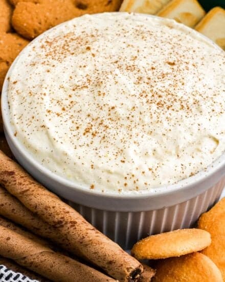 This creamy 5 ingredient eggnog dip is perfect for any holiday gathering or party. Made with simple ingredients, this dip doesn’t require any chilling, and is pretty customize-able, so you can make the version of this dip you love most!