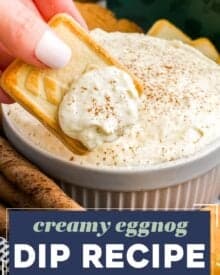 This creamy 5 ingredient eggnog dip is perfect for any holiday gathering or party. Made with simple ingredients, this dip doesn’t require any chilling, and is pretty customize-able, so you can make the version of this dip you love most!