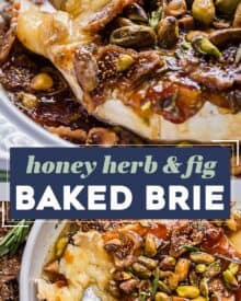 This honey herb and fig baked brie recipe is perfect for the holidays, or any party! A wheel of brie is topped with sweet fig jam, fresh rosemary, dried fig slices, salty pistachios, and sticky honey, then baked until perfectly gooey. Serve with baguette slices, apples, crackers, and more!