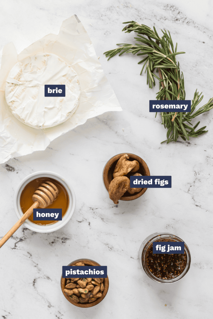 ingredients needed for making honey herb and fig baked brie.