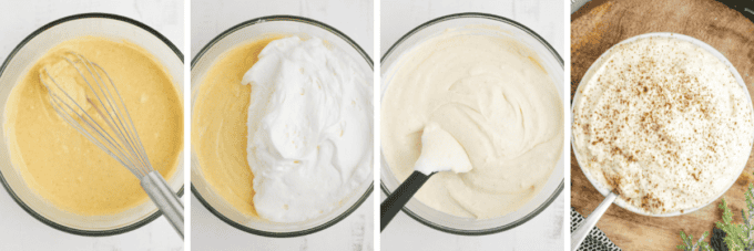 step by step photo collage of how to make eggnog dip