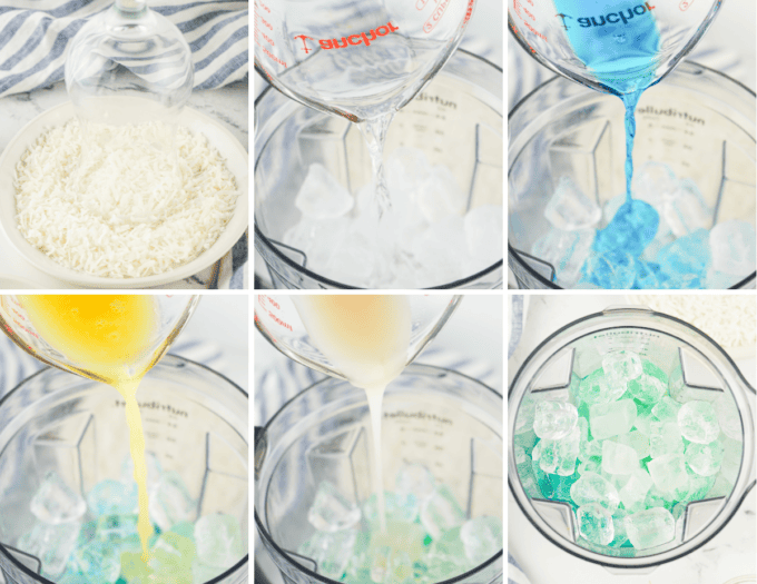 step by step photo collage of how to make a jack frost cocktail.