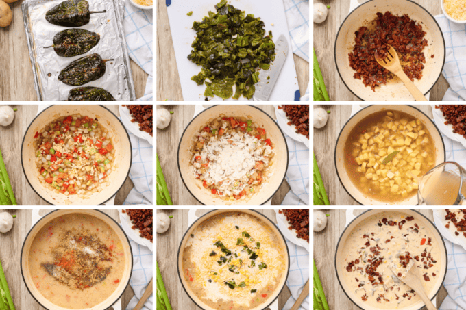 step by step photo collage of how to make poblano corn chowder