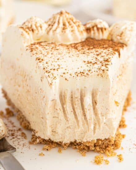 This no-bake cheesecake is smooth and creamy, and full of eggnog flavor! It's a great way to enjoy eggnog in an alcohol-free treat, which is perfect for the holiday season!