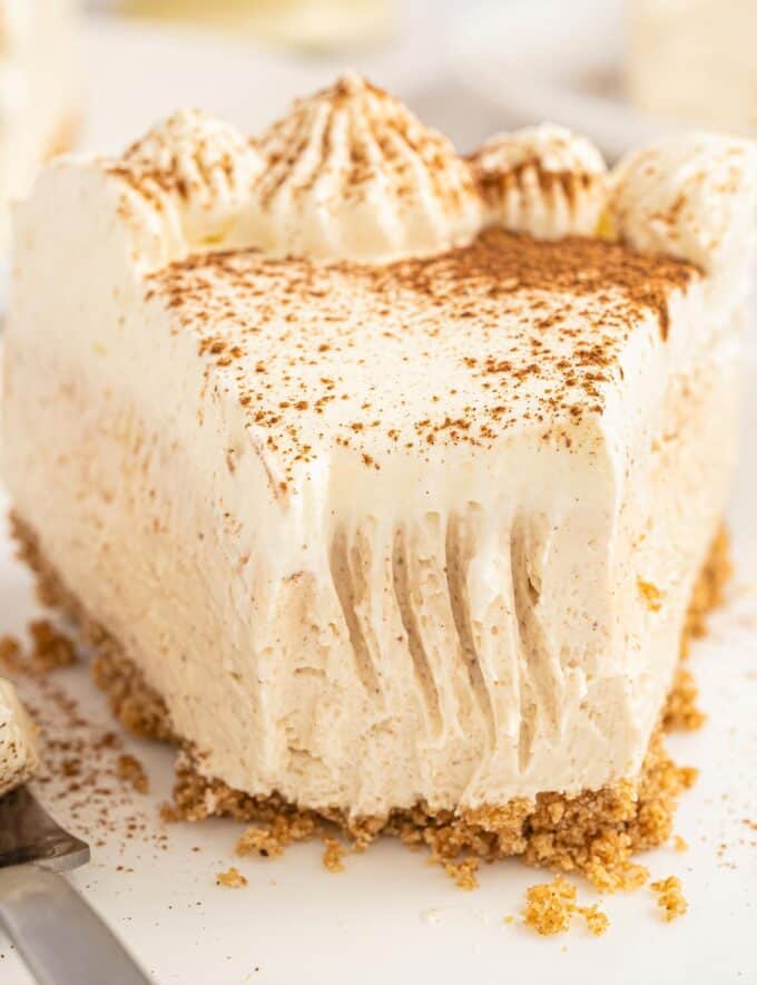 This no-bake cheesecake is smooth and creamy, and full of eggnog flavor! It's a great way to enjoy eggnog in an alcohol-free treat, which is perfect for the holiday season!