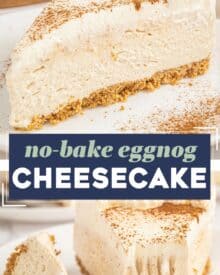 This no-bake cheesecake is smooth and creamy, and full of eggnog flavor! It's a great way to enjoy eggnog in an alcohol-free treat, which is perfect for the holiday season!