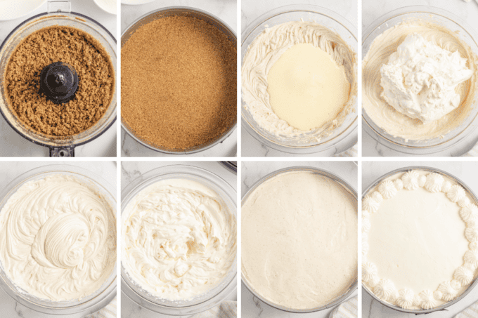 step by step photo collage of how to make eggnog no bake cheesecake