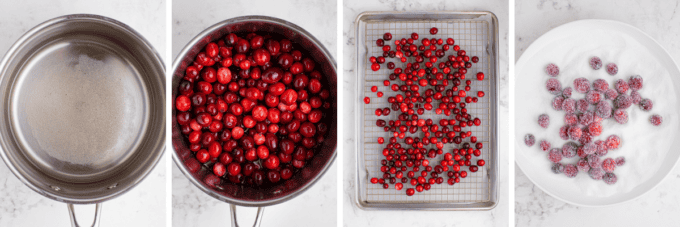 step by step photo collage of how to make sugared cranberries