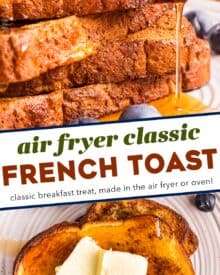 As a great alternative for making french toast on the stovetop, this air fryer recipe has everything you love about a sweet vanilla cinnamon french toast, but made in a hands-off method. Easy to customize to your tastes, and oven directions are included as well!