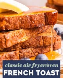 As a great alternative for making french toast on the stovetop, this air fryer recipe has everything you love about a sweet vanilla cinnamon french toast, but made in a hands-off method. Easy to customize to your tastes, and oven directions are included as well!