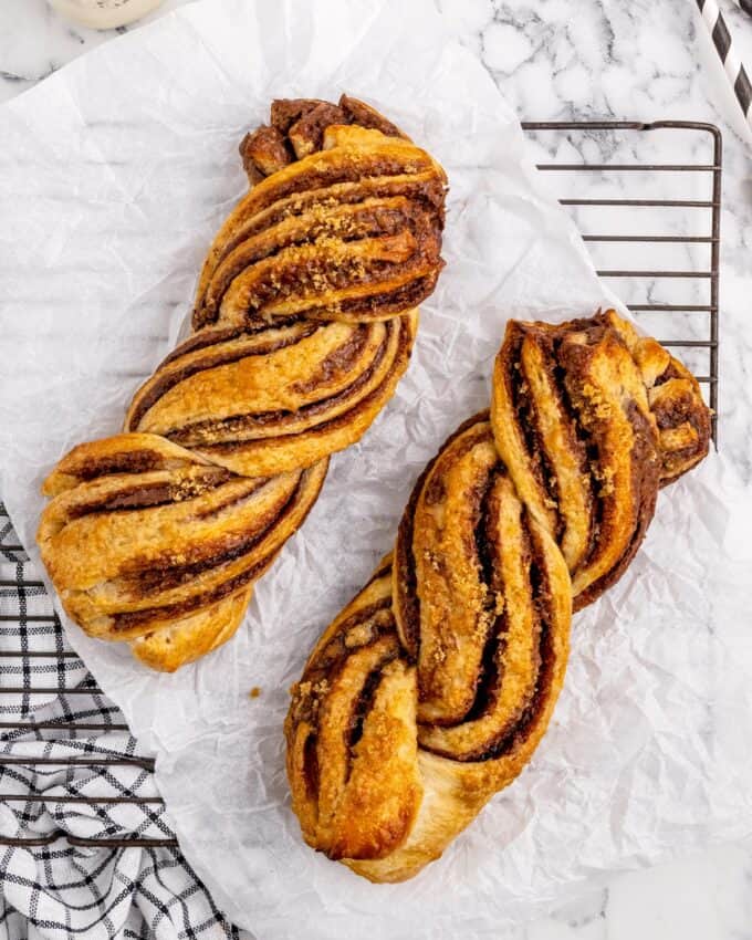 two baked nutella twists on cooling rack