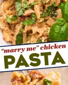 This Marry Me Chicken Pasta is a quick and easy meal that’s sure to be a family favorite! Juicy chicken, a creamy sauce made with bursts of sun dried tomatoes, Parmesan cheese, and spinach, and it’s all ready in about 40 minutes, making it a great weeknight dinner option.