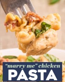 This Marry Me Chicken Pasta is a quick and easy meal that’s sure to be a family favorite! Juicy chicken, a creamy sauce made with bursts of sun dried tomatoes, Parmesan cheese, and spinach, and it’s all ready in about 40 minutes, making it a great weeknight dinner option.