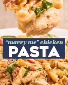 This Marry Me Chicken Pasta is a quick and easy meal that’s sure to be a family favorite! Juicy chicken, a creamy sauce made with bursts of sun dried tomatoes, Parmesan cheese, and spinach, and it’s all ready in about 40 minutes, making it a great weeknight dinner option.