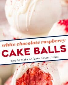 These raspberry white chocolate cake balls are full of sweet raspberry flavor, coated in a white chocolate coating, and sprinkled with crushed freeze-dried raspberries! Perfect for an easy no-bake treat, these are just like cake pops (just without the stick), and a favorite among people of all ages!