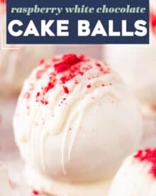 These raspberry white chocolate cake balls are full of sweet raspberry flavor, coated in a white chocolate coating, and sprinkled with crushed freeze-dried raspberries! Perfect for an easy no-bake treat, these are just like cake pops (just without the stick), and a favorite among people of all ages!