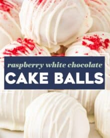 These raspberry white chocolate cake balls are full of sweet raspberry flavor, coated in a white chocolate coating, and sprinkled with crushed freeze-dried raspberries! Perfect for an easy no-bake treat, these are just like cake pops (just without the stick), and a favorite among people of all ages!