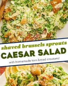 This twist on a classic caesar salad is made with finely chopped kale, shaved brussels sprouts, and easy homemade croutons! You can make this even easier by using store-bought dressing or make your own, and you can add some grilled chicken, salmon, or shrimp for a complete meal!