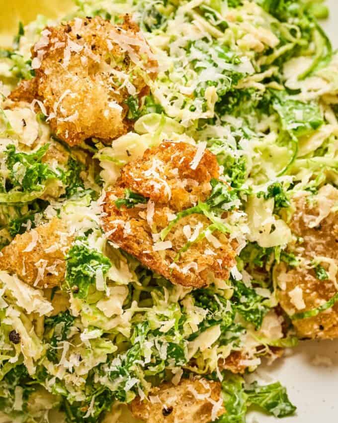 close up of a caesar salad made with brussels sprouts and kale